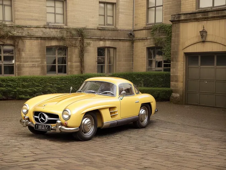 <lora:50s_hyper_car_homage:0.75>, sexy woman in a 50s_hyper_car, background, benz, car, cobblestone, lot, parked, yellow