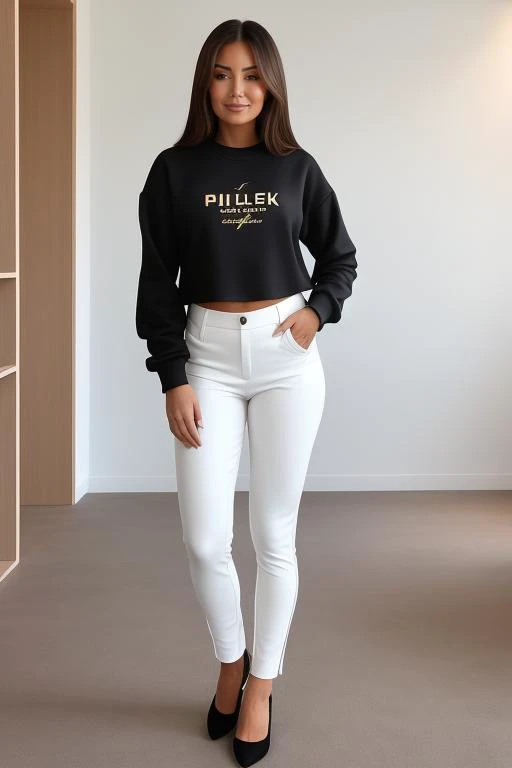 full body shot of piamuehlenbecklora wearing a black sweatshirt and white pants, standing, looking at viewer, best quality, masterpiece, simple background, <lora:piamuehlenbecklora:1>