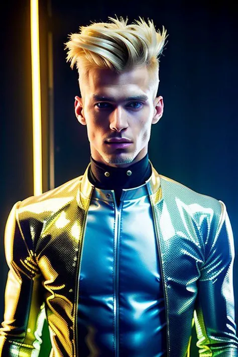 Long shot, full body view. A realistic and detailed photography of a handsome well fit muscular18-years-old guy, long blonde curly hair, white speedo-briefs, golden boots and electronic bracelets, stands near a window in a hallway of a futuristic spaceship, some colorful neon hologram consoles around. Shining golden lighting. Cinematic, enhanced and sharp edges.