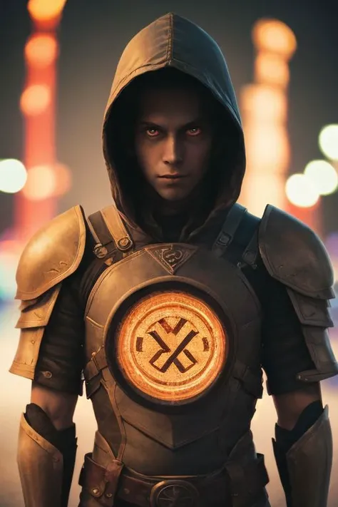 A dark ghostly male silhouette. Messenger of Gaa. Cracked skin. light armor. Cracked armor. Canvas hood. Runic circle. Elements. Power from inside. Glowing eyes. Bokeh blur. ral-dissolve.BadDream