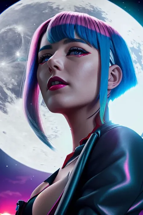 lucy \(cyberpunk\), 1girl, arm up, bangs, blue hair, colored tips, full moon, grey eyes, jacket, long sleeves, looking at viewer, medium hair, moon, multicolored hair, parted bangs, parted lips, pink hair, portrait, red eyeliner, red lips, solo, white jacket, cyberpunk \(series\), cyberpunk edgerunners
<lora:lucy-000035:0.7>