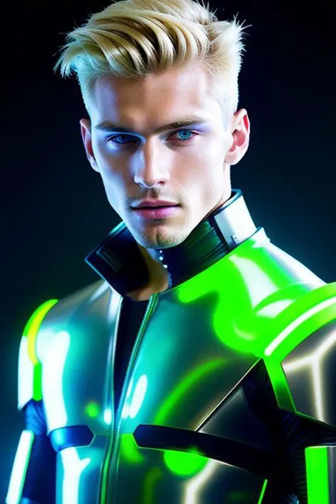 Experiment with a futuristic and tech-inspired fashion look featuring a 22-year-old blond male model in sleek, metallic-themed clothing. Utilize neon lights and a cyberpunk aesthetic for a cutting-edge and modern appeal, bokeh, extremely detailed, intricate, skin texture, film grain, HDR, 8k,hyper realistic, hard rim lighting, photography