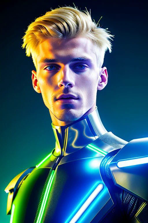 Experiment with a futuristic and tech-inspired fashion look featuring a 22-year-old blond male model in sleek, metallic-themed clothing. Utilize neon lights and a cyberpunk aesthetic for a cutting-edge and modern appeal, bokeh, extremely detailed, intricate, skin texture, film grain, HDR, 8k,hyper realistic, hard rim lighting, photography