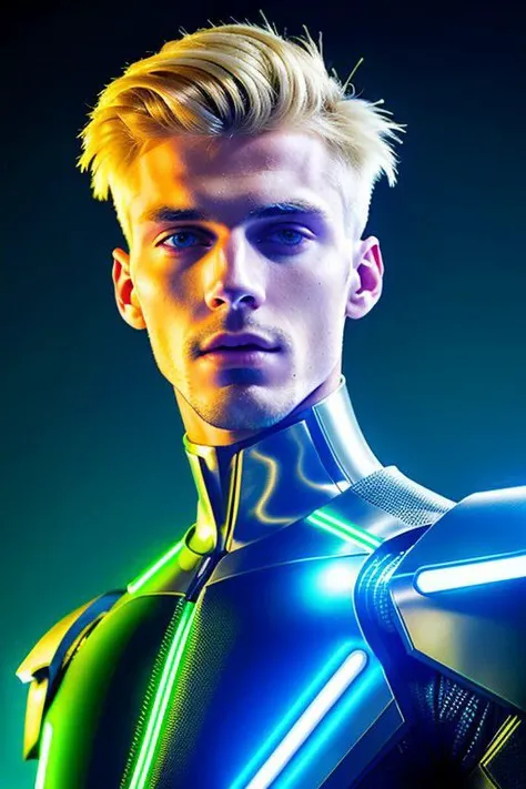 Experiment with a futuristic and tech-inspired fashion look featuring a 22-year-old blond male model in sleek, metallic-themed clothing. Utilize neon lights and a cyberpunk aesthetic for a cutting-edge and modern appeal, bokeh, extremely detailed, intricate, skin texture, film grain, HDR, 8k,hyper realistic, hard rim lighting, photography