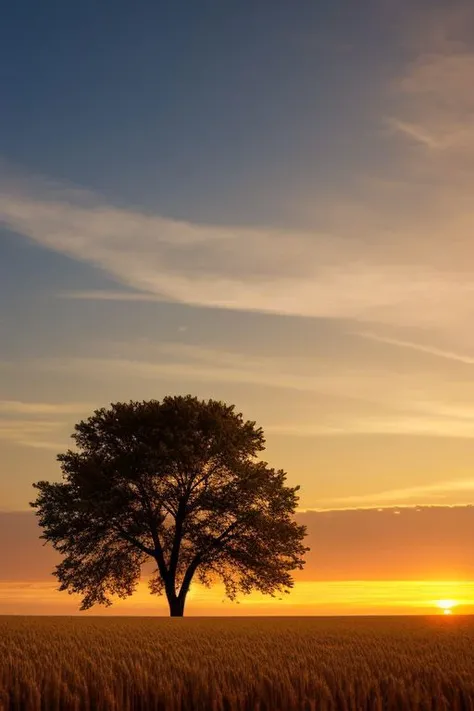 masterpiece, a lone tree in a field of wheat at sunset