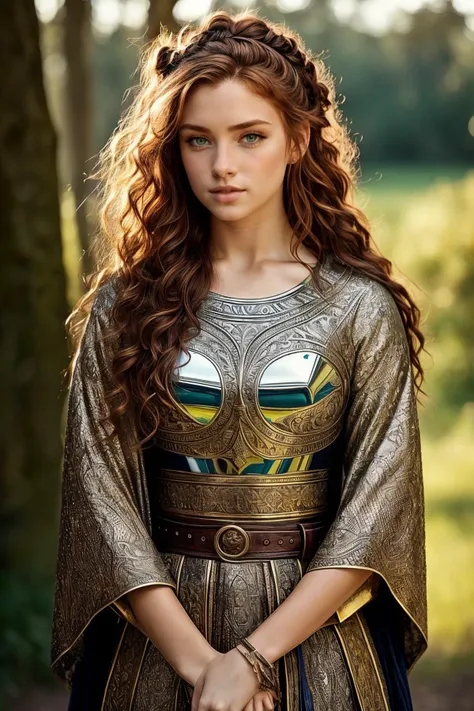((masterpiece)), 1girl, young , small breasts, medieval, fantasy, wiking, nordic, war paint wallpaper, official art, (( Sathira SG face )) , ((cat eyes)), ((vertical pupil)) as (( Fiona, Noble Shieldmaiden: Fiona is a noble shieldmaiden, hailing from a long line of warriors and heroes. Her long, auburn hair is tied back in a sleek bun, revealing a sharp jawline and piercing green eyes. She wears a suit of gleaming plate armor, embossed with intricate patterns and designs that reflect the sunlight. In her hand, she grips a heavy tower shield, the surface etched with the family crest and the edges sharp enough to slice through flesh. By her side, she carries a long, straight sword, the blade polished to a mirror shine. )), realistic, best quality, ultrasharp, ultradetailed, intricated details, , , vivid colors , full body shoot, strong shafows, deep of field , bokeh AS-YoungV2
