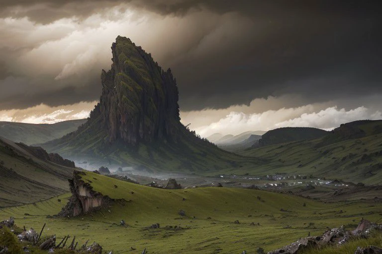 Ultra high resolution, 8k, extremely high quality, super detailed, extreme detail, dark, huge grassy landscape, hills, cloudy, very few collapsed old buildings, depressing visuals, few small mountains in the distance, slightly creepy, apocalyptic, colorful, weird unidentifiable object among the clouds in the distance,