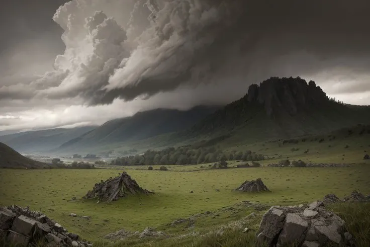 Ultra high resolution, 8k, extremely high quality, super detailed, extreme detail, hyperrealistic, extremely realistic, real, dark, huge grassy landscape, hills, cloudy, very few collapsed old buildings, depressing visuals, few small mountains in the distance, slightly creepy, apocalyptic, colorful, unidentifiable extraterrestial object among the clouds in the distance, remnants of the past,