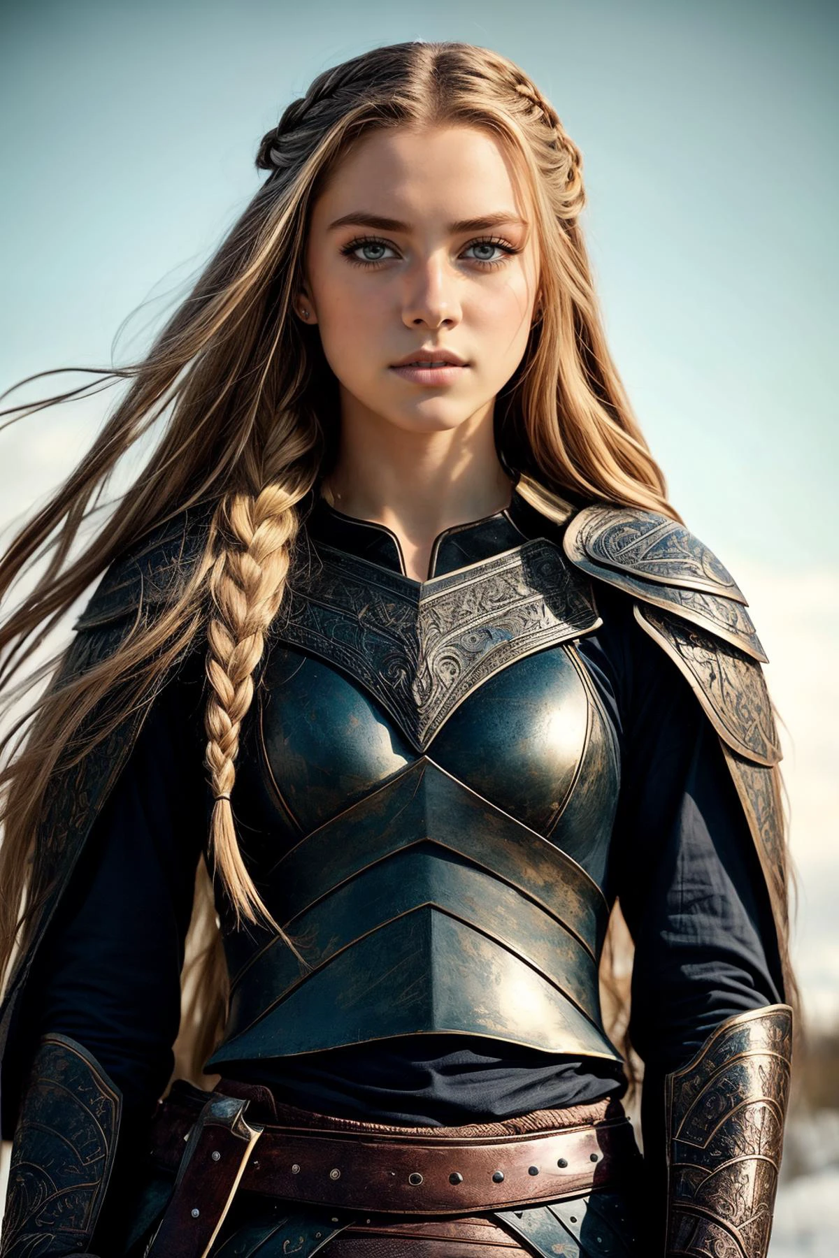 ((masterpiece)), 1girl, young , small breasts, medieval, fantasy, wiking, nordic, war paint wallpaper, official art, (( DV_Ornella_Vicious face )) , ((cat eyes)), ((vertical pupil)) as (( Audhild, Battle-Hardened Axewoman: Audhild is a veteran warrior from the frozen northlands, her body bearing the scars and bruises of countless battles. Her long, blonde hair is tied back in a tight braid, revealing a square jawline and piercing blue eyes. She wears a suit of battered and dented plate armor, the surface etched with intricate patterns and symbols that tell the story of her conquests. In her hand, she grips a massive battle-axe, the blade scarred and nicked from countless kills. )), realistic, best quality, ultrasharp, ultradetailed, intricated details, , , vivid colors , full body shoot, strong shafows, deep of field , bokeh AS-YoungV2