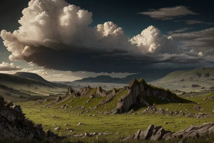 Ultra high resolution, 8k, extremely high quality, super detailed, extreme detail, dark, huge grassy landscape, hills, cloudy, very few collapsed old buildings, depressing visuals, few small mountains in the distance, slightly creepy, apocalyptic, colorful, weird unidentifiable object among the clouds in the distance,