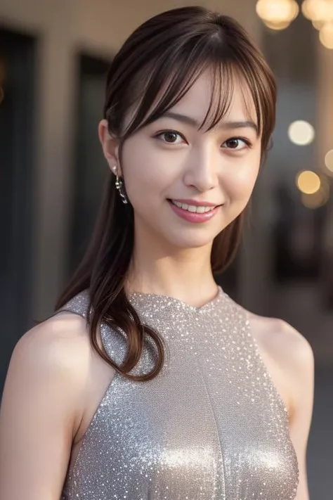 1girl,(wearing a sleeveless glittery evening dress:1.2),(RAW photo, best quality), (realistic, photo-realistic:1.4), masterpiece, an extremely delicate and beautiful, extremely detailed, 2k wallpaper, Amazing, finely detail, extremely detailed CG unity 8k wallpaper, ultra-detailed, highres, soft light, beautiful detailed girl, extremely detailed eyes and face, beautiful detailed nose, beautiful detailed eyes,cinematic lighting,city lights at night,perfect anatomy,slender body,smiling <lora:hayashiyuka_lora:0.8>