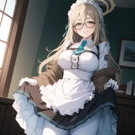 1girl,black background,looking at viewer,
skirt lift,
<lora:akane_murokasa_v1:1>,akane murokasa,halo,very long hair,glasses,blonde hair,yellow eyes,maid headdress,black dress,puffy long sleeves,blue necktie,apron,white pantyhose,brown scarf,white gloves,huge breasts,sweat,blush,horny smile,