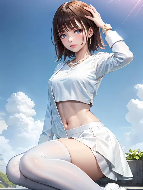 1girl, solo, white polo shirt, white sneakers, tennis wear, white miniskirt, masterpiece, best quality, realistic, hyper-detailed, (shiny skin, sweaty:1.4), absurd, looking at viewer, short black hair, brown eyes, slender, dynamic lighting, high resolution, sharp focus, depth of field, detailed eyes, sharp pupils, realistic pupils, (small breasts:1.6), (thick thighs:1.0), outdoor, sky