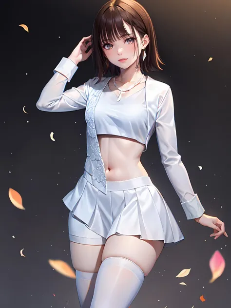 (extremely detailed CG), (best quality), 1girl, perfect face, shiny skin, lustrous skin, wide hips,narrow waist, <lora:SononiDon-10:0.8>SononiDon, white short,shorts,miniskirt,bracelet,white jacket, white footwear,long sleeves,navel,midriff,crop top, white skirt, white shirt,necklace,jewelry, thighhighs ,earrings,skirt,white eyes,standing,