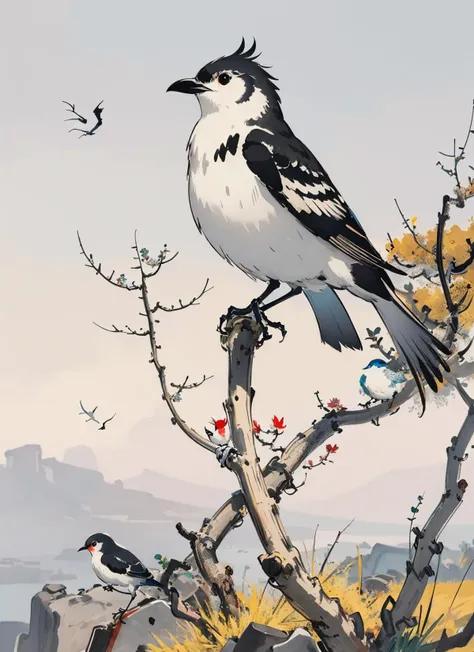 masterpiece,best quality,<lora:WuGuanZhong Style-06:1>,tree,bird,