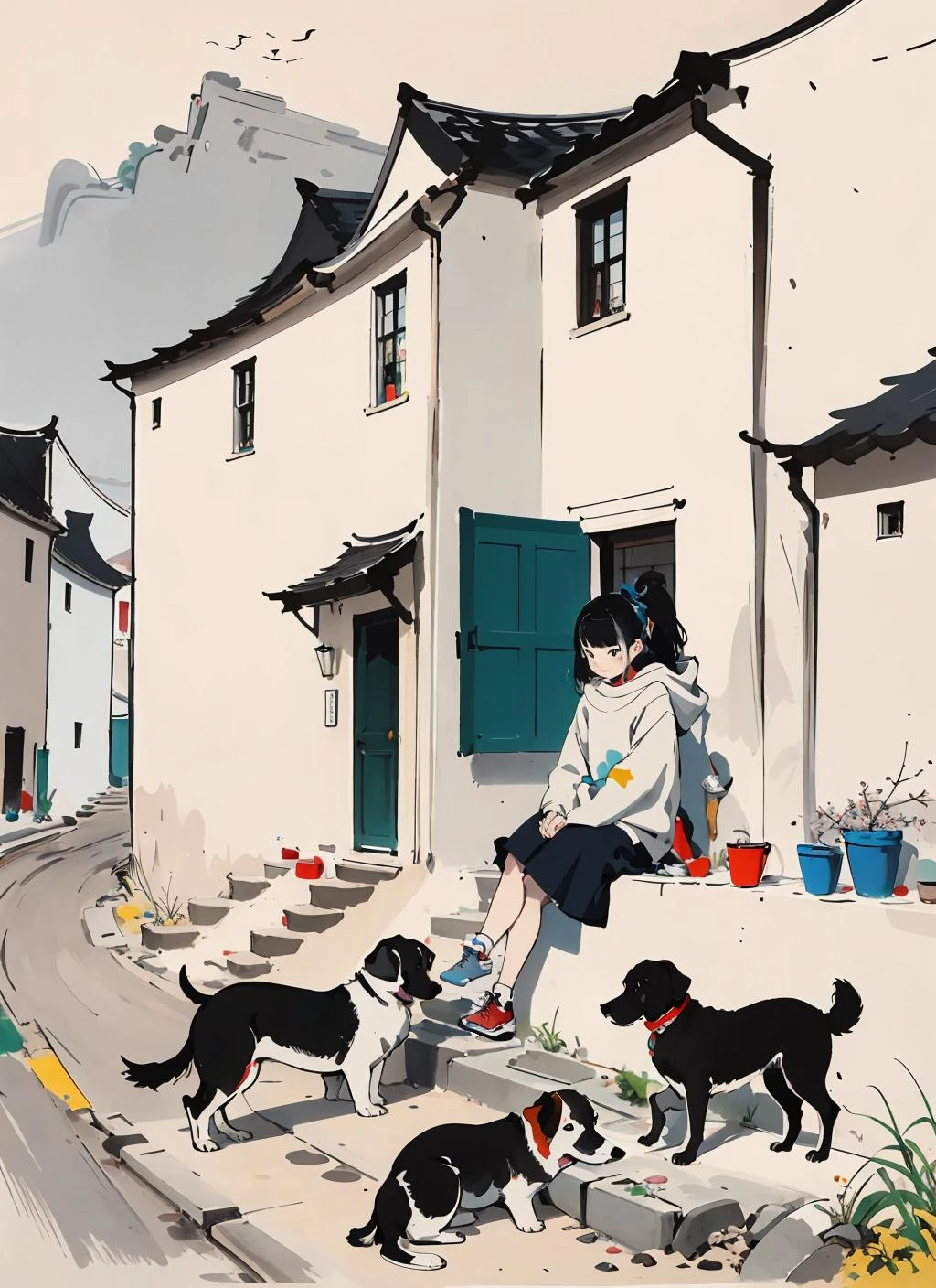 masterpiece,best quality,WuGuanZhong,<lora:WuGuanZhong Style-000006:0.7>,1girl,dog,