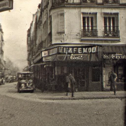 <hypernet:1947-paris-sf-images-2-new-settings:1> 
Create a detailed black and white image that transports the viewer to a quaint Parisian café in Paris, France, circa 1947. The café should exude the charm and romance of post-war Paris, nestled on a cobblestone street with its traditional Parisian architecture, including large windows and awnings. Inside or outside, there should be tables adorned with checkered tablecloths, classic bistro chairs, and patrons enjoying their time, possibly with a waiter in period-appropriate attire serving coffee or pastries. The scene should be lively yet intimate, capturing the essence of Parisian life and culture during this era. Incorporate elements like vintage signage, street lamps, and perhaps a glimpse of the surrounding neighborhood to add depth and context to the setting. The composition should utilize light and shadow to enhance the nostalgic, timeless quality of the image, ensuring it feels like a snapshot taken from 1947.