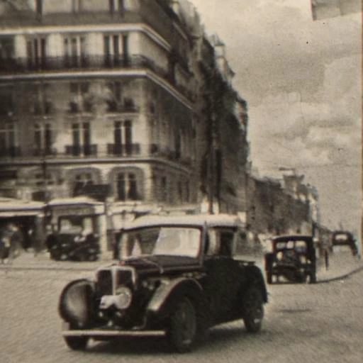 <hypernet:1947-paris-sf-images-2-new-settings:1> 
Create a black and white image that captures the essence and atmosphere of Paris, France, in the year 1947. The scene should reflect the post-war mood of hope and reconstruction, with iconic Parisian elements such as vintage cars, cobblestone streets, and architecture that speaks to the city's rich history. Include people dressed in period-appropriate fashion to add a human element and authenticity to the scene. The composition should be carefully crafted to embody the elegance and charm of Paris in the late 1940s, with attention to the quality of light and shadow that evokes the feel of classic film photography. This image should transport the viewer back in time, offering a glimpse into the everyday life of Parisians in the immediate aftermath of World War II, devoid of any modern elements to maintain its historical integrity.