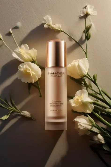(masterpiece:1.33),(bestquality:1.33),(ultra-detailed:1.21),studio photography,(realistic:1.21),Product Photography,Cosmetic,flowers,Gradient background,plant,shadow,film grain,<lora:MooMoo-Product Protography:1>,<lora:LCM-SD1.5:1>,([Practical special effect lighting|Cucoloris lighting|bisexual lighting|Practical lighting|LED lighting]),