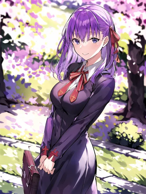 <lora:Sakura Matou:0.8>,high res, masterpiece,Sakura Matou,fate, purple hair, solo, 1girl,outside,deatailed background, detailed eyes,