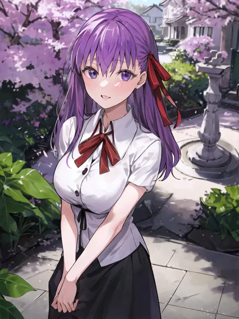<lora:Sakura Matou:0.8>,high res, masterpiece,Sakura Matou,fate, purple hair, solo, 1girl,outside,deatailed background, detailed eyes,