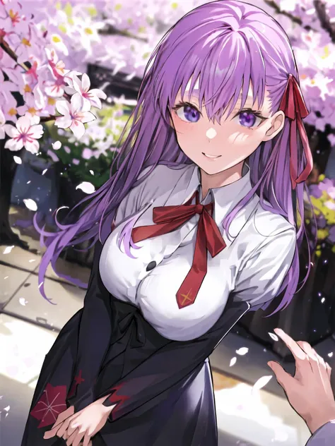 <lora:Sakura Matou:0.8>,high res, masterpiece,Sakura Matou,fate, purple hair, solo, 1girl,outside,deatailed background, detailed eyes,