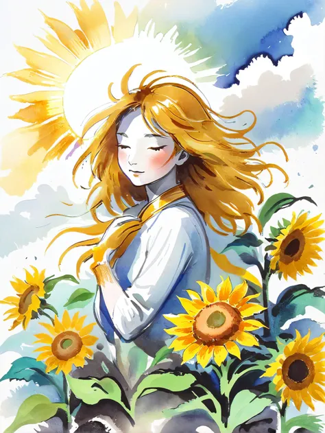 sumi-e, jchadel, vibrant watercolor, A radiant sun spirit, bursting with golden rays, floating high above a sunflower field.<lora:EnvySpiritXL03-humanoid:1><lora:jchadel:0.6><lora:[XL]Sumi-e:0.6>