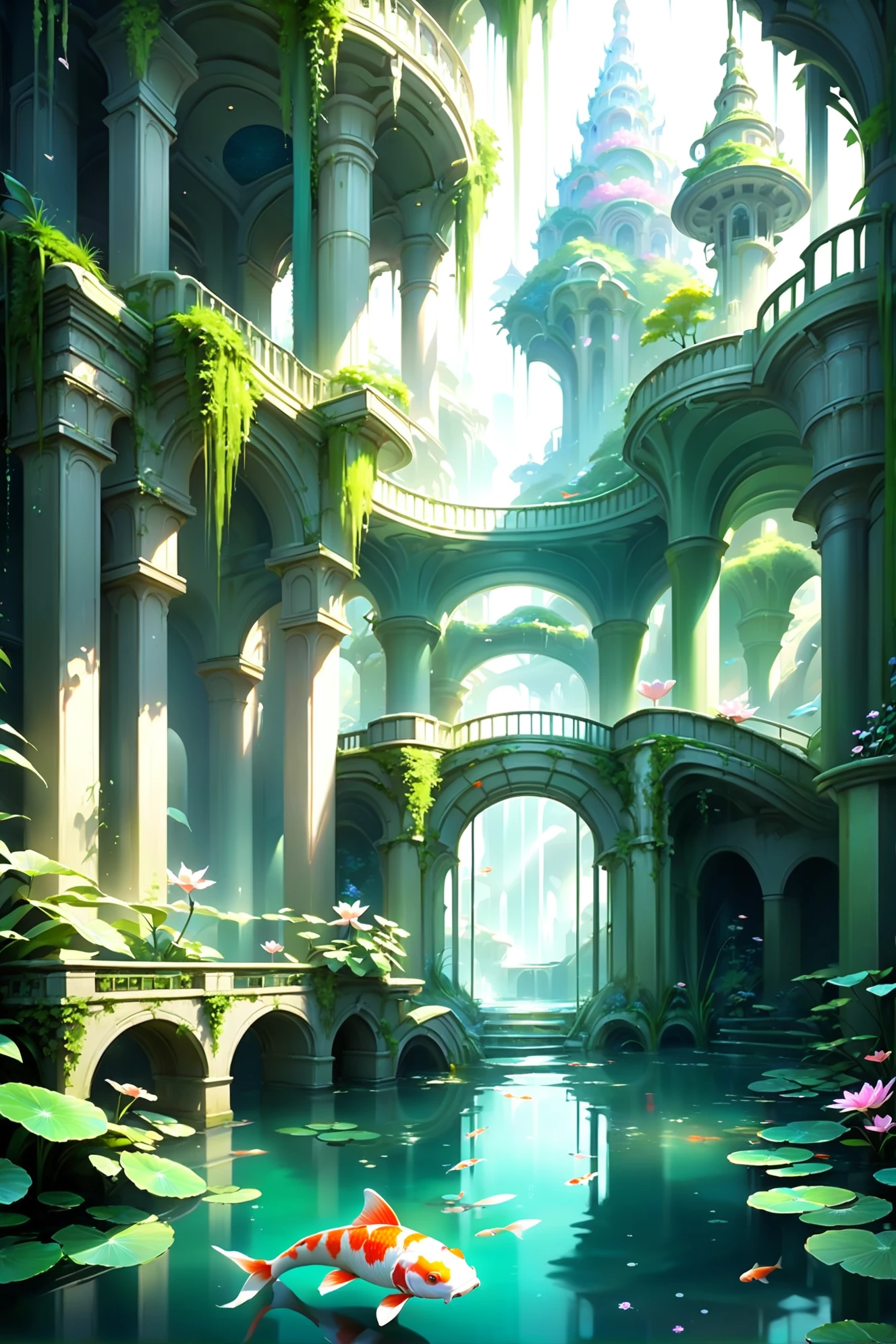 koi pond in a city park in a abandoned,epic fantasy hillside megacity edge of time, masterpiece, by Jan Urschel<lora:flourishes2_last:-3>