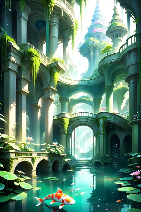 koi pond in a city park in a abandoned,epic fantasy hillside megacity edge of time, masterpiece, by Jan Urschel<lora:flourishes2_last:-3>