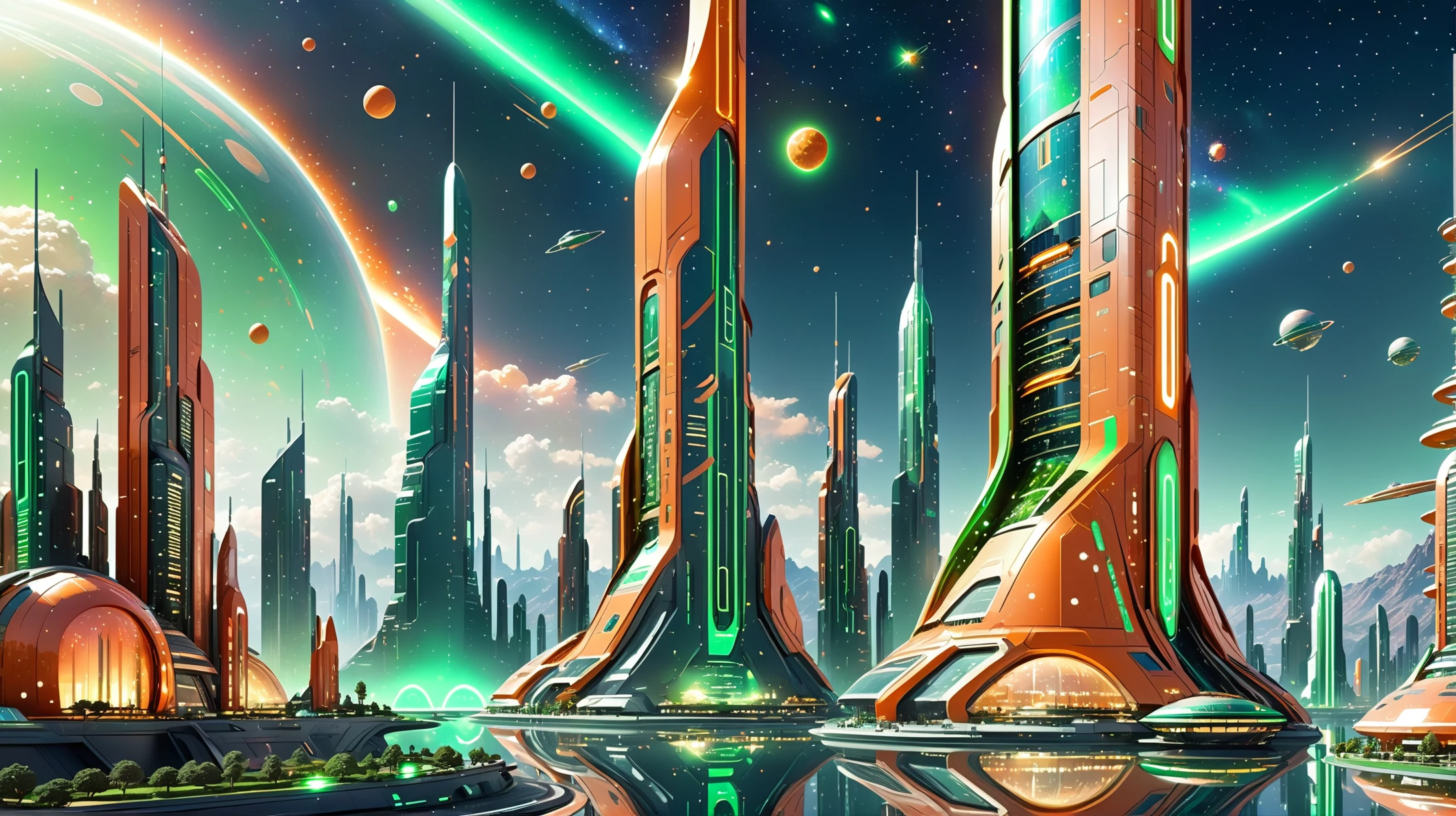 cheerful scifi sky city outside of the universe, sparkling orange and glimmering light green, 8k, ultra high detail, masterpiece, Holographic displays<lora:EnvyPulpScifiXL:0.35><lora:xl_more_art-full_v1:0.35>