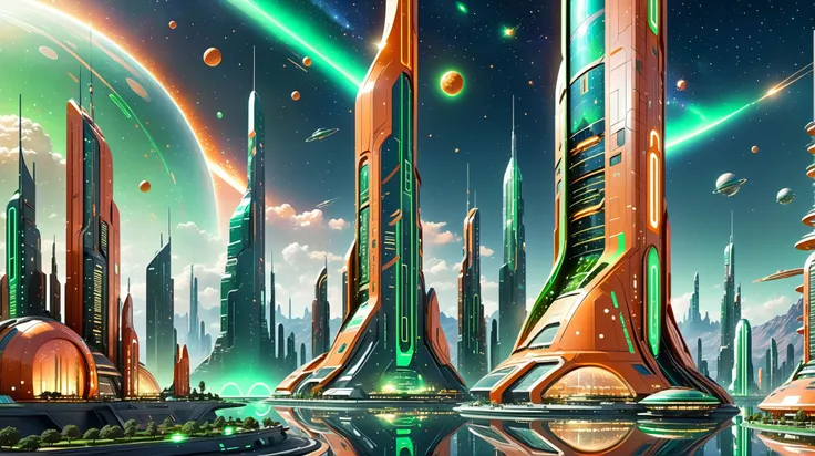 cheerful scifi sky city outside of the universe, sparkling orange and glimmering light green, 8k, ultra high detail, masterpiece, Holographic displays<lora:EnvyPulpScifiXL:0.35><lora:xl_more_art-full_v1:0.35>