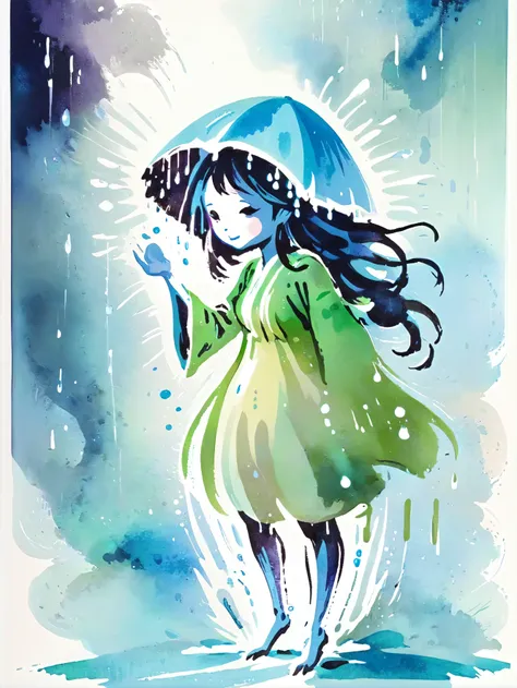 sumi-e, jchadel, vibrant watercolor, A bubbly rain spirit, with droplet-like features, joyfully playing in a refreshing spring shower.<lora:EnvySpiritXL03-humanoid:1><lora:jchadel:0.6><lora:[XL]Sumi-e:0.6>