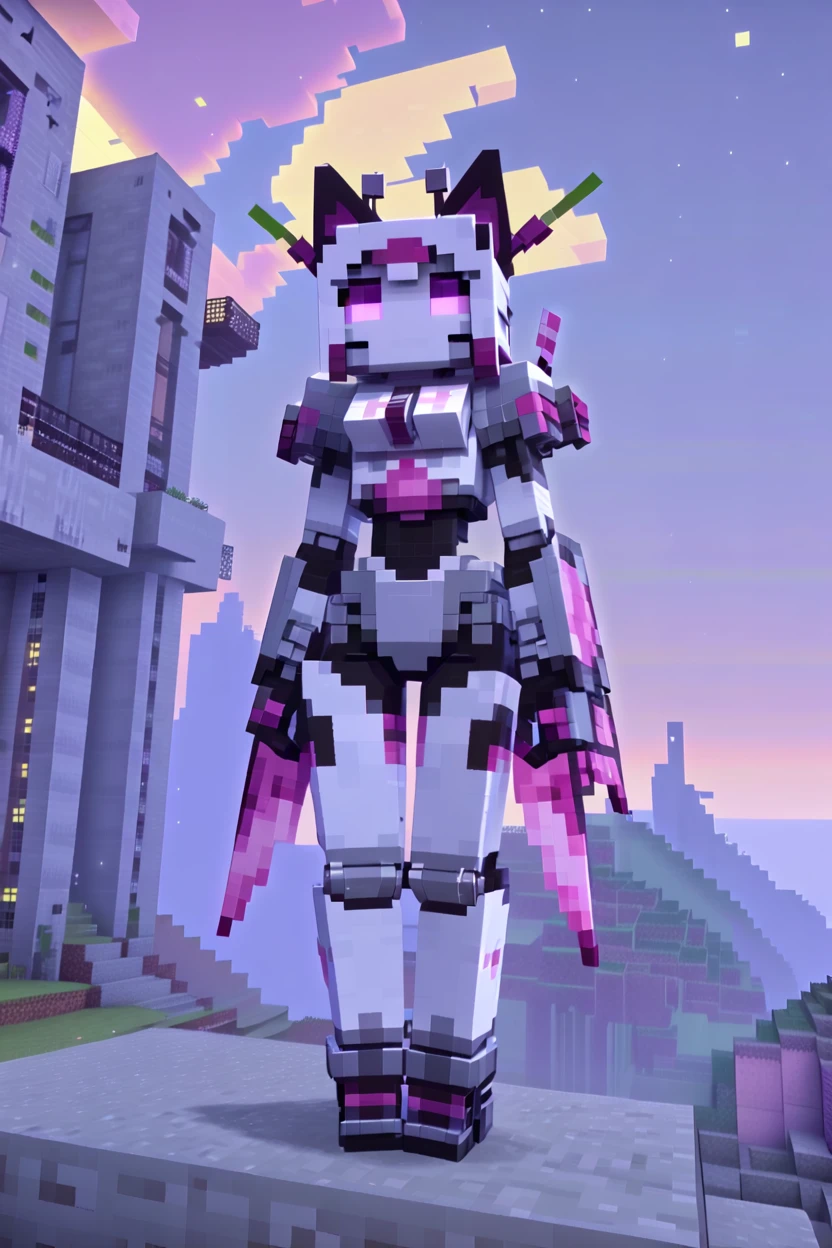 minecraft, robot girl, 1girl, woman, (gruesome Real Life Super Hero:1.3) cute catgirl, full body, lingerie, [:revealing costume design,:0.2], bombshell hair, sunset hair, Flipped Out Hair, slim figure, narrow waist, tight ass, small breasts, korean, (noon, scenery, "at the Hazy Dystopian Observatory":1.3) <lora:EnvyCubedXL01:0.8><lora:EnvyMechaGirlXL02:1>