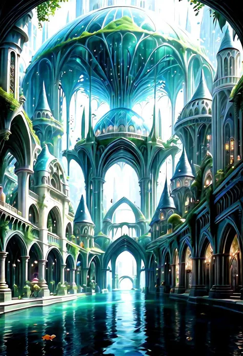 8k, highly detailed, shopping district in a fantasy city in a dome under water, elvish architecture, masterpiece