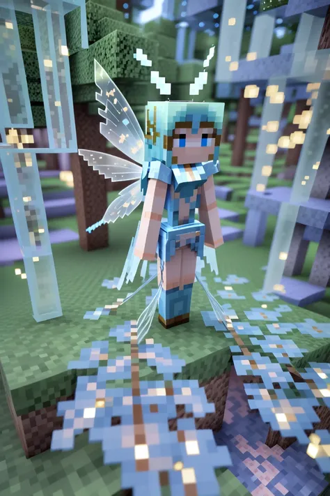 minecraft, fairy queen, muted azure skin, f/1.4 lens, bokeh, tiny Kentucky Coffee tree faerie,fairy wings, see-through gossamer, scared<lora:EnvyCubedXL01:0.8><lora:EnvyFairyQueenXL01:1>