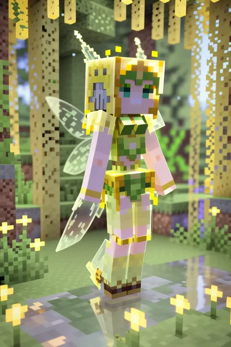 minecraft, fairy queen, f/1.4 lens, bokeh, tiny vivid yellow Heather pixie, see-through gossamer, <lora:EnvyCubedXL01:0.8><lora:EnvyFairyQueenXL01:1>