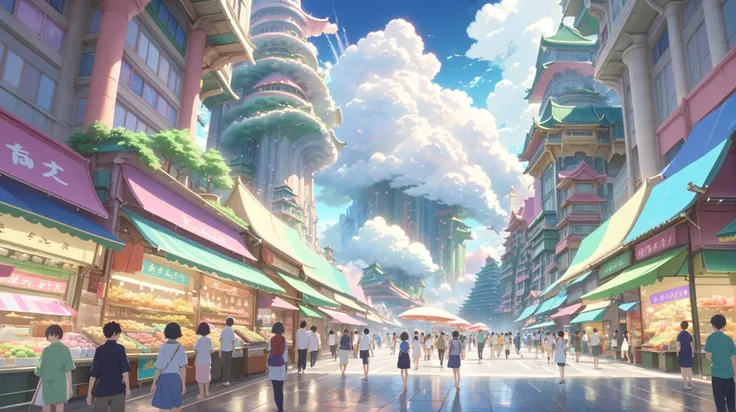 8k, highly detailed, makoto shinkai promotional movie still, Colorful bazaar in a gargantuan fantasy cloud megacity at the end of reality, masterpiece<lora:EnvyFlourishesXL01:1><lora:EnvyHazeSliderXL01:-1>
