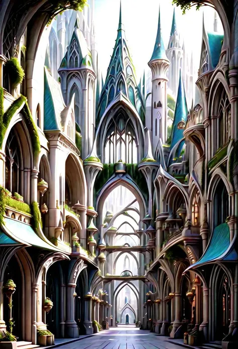 8k, highly detailed, shopping district in a fantasy city at the end of time, masterpiece
