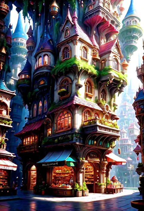 8k, highly detailed, toy shop in a empty fantasy vertical city at the end of time, masterpiece<lora:EnvyFlourishesXL01:1>