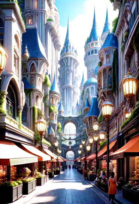 8k, highly detailed, shopping district in a fantasy city at the end of time, masterpiece