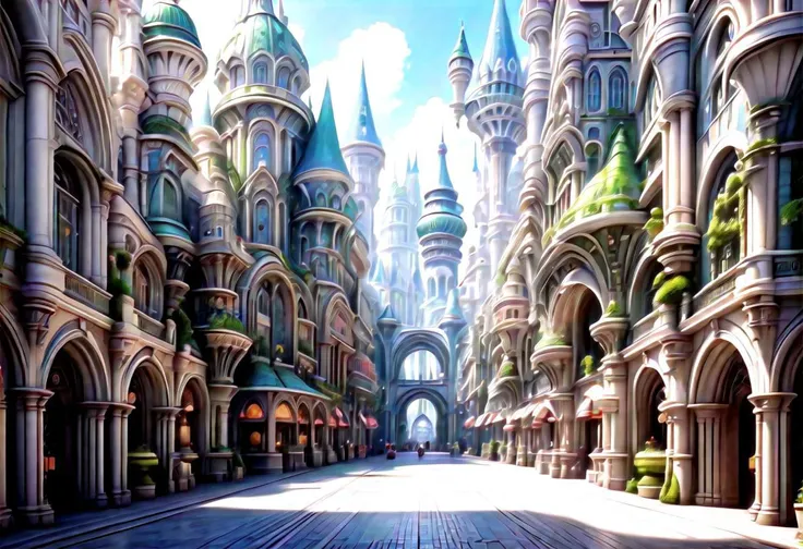 8k, highly detailed, shopping district in a fantasy city at the end of time, masterpiece