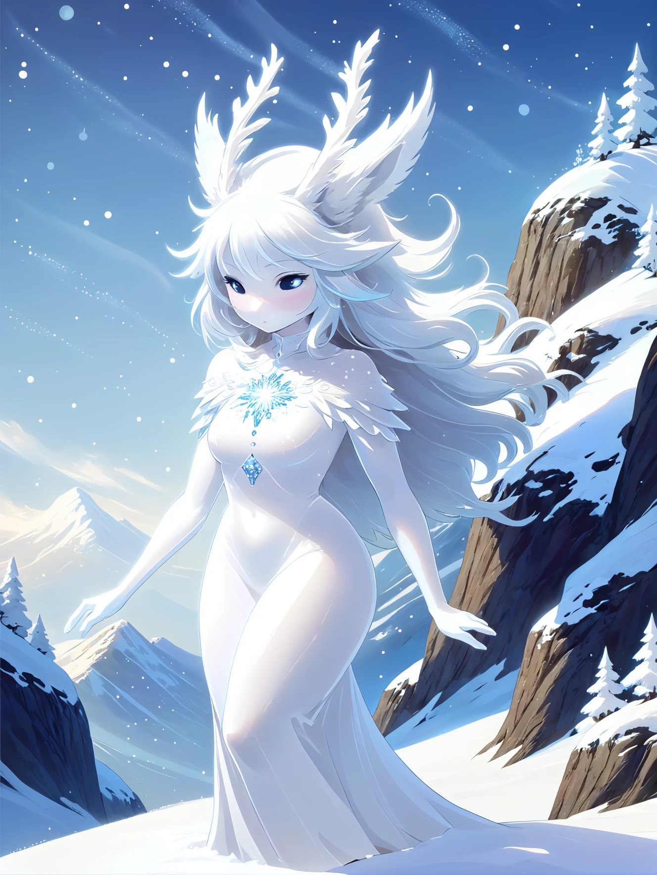 A gentle snow spirit, sparkling white, drifting slowly over a snowy mountaintop.<lora:EnvySpiritXL01-humanoid:1>