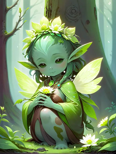 A petite earth spirit, with a mossy green hue, tending to a budding flower in a forest clearing.<lora:EnvySpiritXL01-humanoid:1>