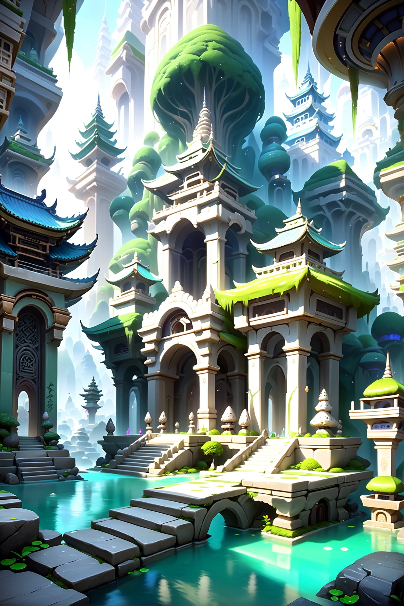 Zen rock garden in a amazing,cheerful fantasy city edge of time, masterpiece, by Dmitry Vishnevsky<lora:flourishes2_last:-3>