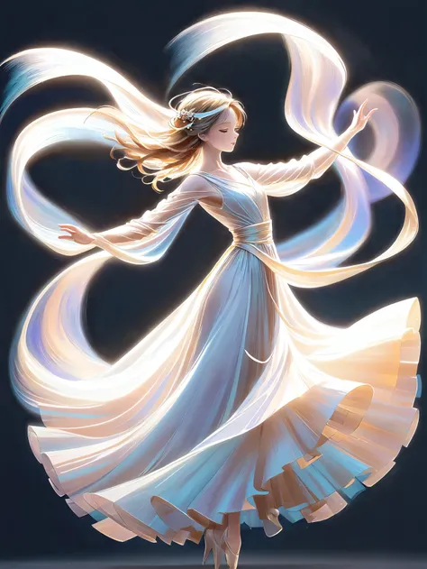 A graceful dance spirit, with flowing ethereal ribbons, twirling in the air to an unheard melody.<lora:EnvySpiritXL01-humanoid:1>