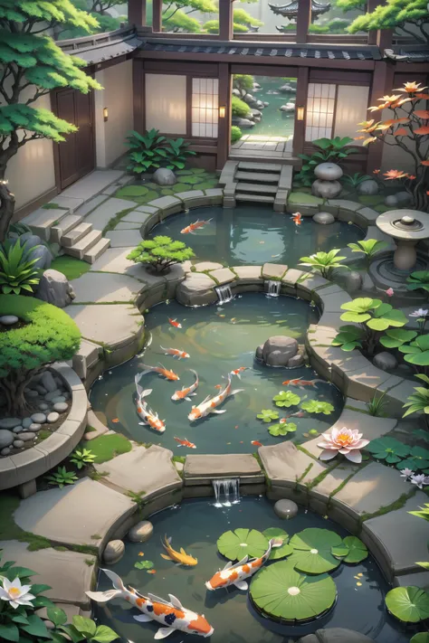 digital painting, brightly lit interior, in a infernal Secluded zen garden with koi pond, intricate, 8k, ultra high detail, masterpiece<lora:EnvyPulpScifiXL:0.35><lora:xl_more_art-full_v1:0.35>