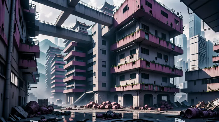 noon, architecture, fantastical Zombie Apocalypse foundry in a Hong Kong, 8k, ultra high detail, (Scene:1), (by Giovanni Battista Bracelli:-0.5)