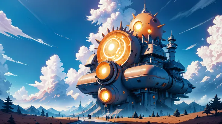 duotone digital painting, noon, blue sky, clouds, scenery, "at the Blazing Preternatural Machine", 8k, ultra high detail<lora:EnvyThiccXL02:1>