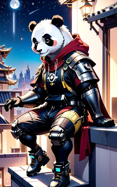 breathtaking, a cyborg anthropomorphic giant panda male furry sitting on stairs on rooftop, He has mechanical arms, mechanical hands, mechanical legs and mechanical boots, He wears short sleeves red hoodie, cloak, baggy clothes, baggy shorts, looking afar, city below, backlighting, night, moonlight, starry sky, shooting star, constellation, award-winning, professional, highly detailed