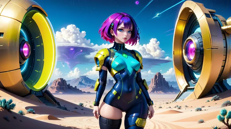 digital painting, woman, athletic hourglass figure, scifi, retro-futuristic,neon nomad,far future, space marine, full body, wearing skin-tight futuristic casual clothes, glimmering neon magenta bombshell short bombshell hair, sexy pose, noon, blue sky, clouds, scenery, in a Timeless Desert, intricate, 8k, ultra high detail<lora:EnvyThiccXL02:1>